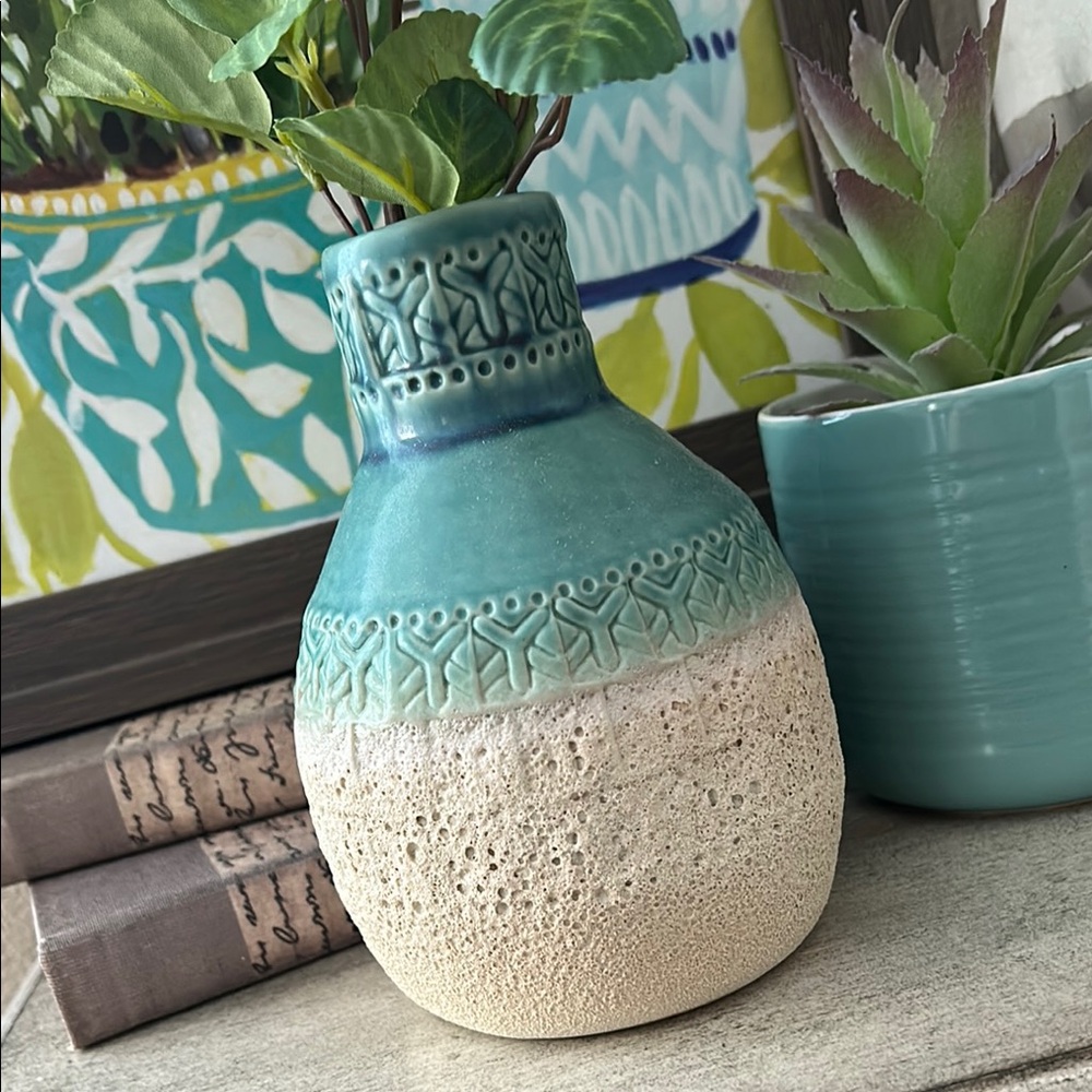 Aqua Blue Turquoise and Beige Textured Ceramic Vase